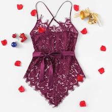 Shein Christmas Eyelash Floral Lace Ribbon Tie Teddy Bodysuit