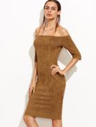 Shein Camel Suede Off The Shoulder Pencil Dress