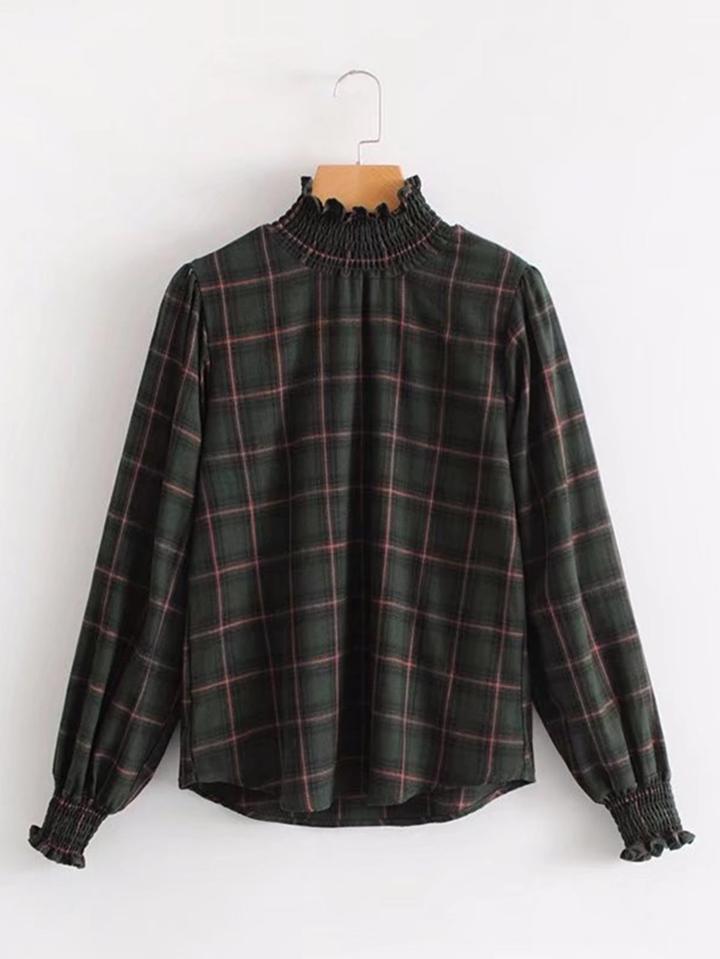 Shein Shirred Trim Plaid Blouse