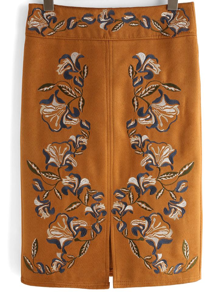Shein Khaki High Waist Embroidered Split Skirt