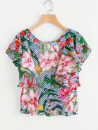 Shein Florals Flounce Trim Dip Hem Blouse