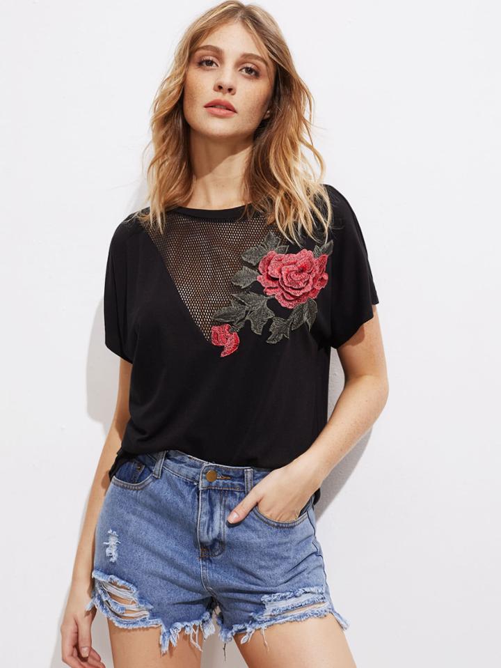 Shein Fishnet Insert 3d Rose Applique Tee