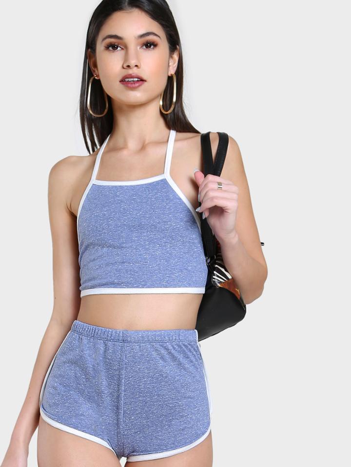 Shein Contrast Binding Marled Halter Top And Dolphin Shorts Set