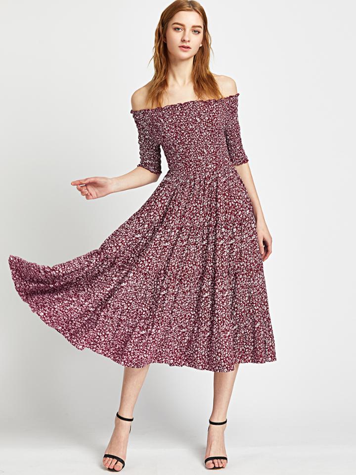 Shein Calico Print Shirred Bardot A Line Dress