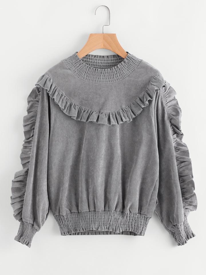 Shein Shirred Trim Frill Corduroy Sweatshirt