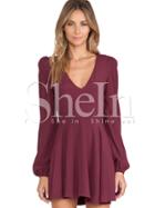 Shein Wine Red Burgundy Long Sleeve V Neck Pleated Drop Waist Dress