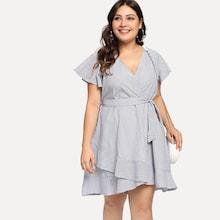 Shein Plus Tie Waist Ruffle Hem Striped Dress