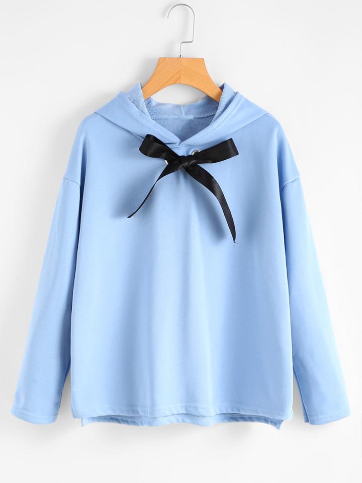 Shein Ribbon Tie Neck Drop Shoulder Hoodie