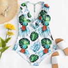 Shein Plus Palm Print Ruffle Swimsuit