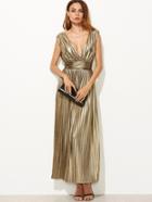 Shein Metallic Gold Plunge Neck High Waist Pleated Dress