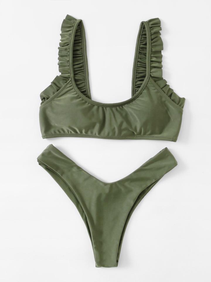 Shein Ruffle Trim High Leg Bikini Set