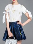 Shein White Bowtie Butterfly Embroidered Top With Skirt