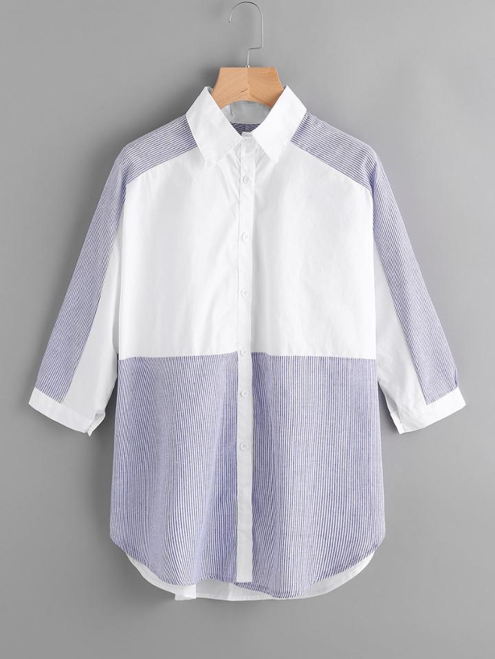 Shein Contrast Panel Pinstriped Curved Hem Shirt