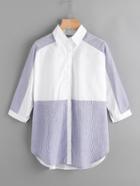 Shein Contrast Panel Pinstriped Curved Hem Shirt