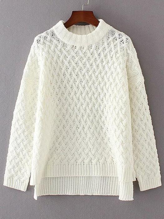 Shein White Crew Neck High Low Loose Sweater