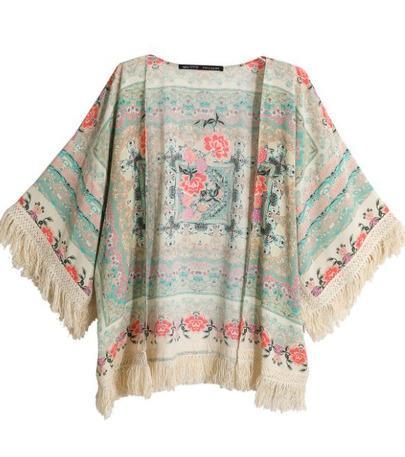 SheIn Apricot Half Sleeve Floral Tassel Cape Top