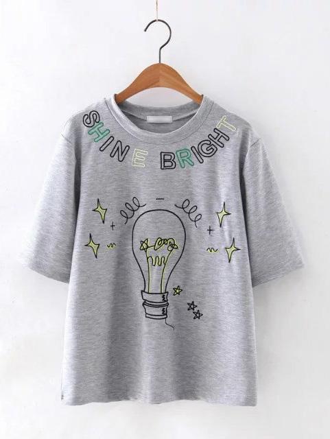 Shein Grey Short Sleeve Bulb Embroidery Casual T-shirt