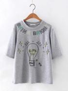 Shein Grey Short Sleeve Bulb Embroidery Casual T-shirt