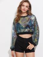 Shein Contrast Trim Crop Tropical Fishnet Pullover