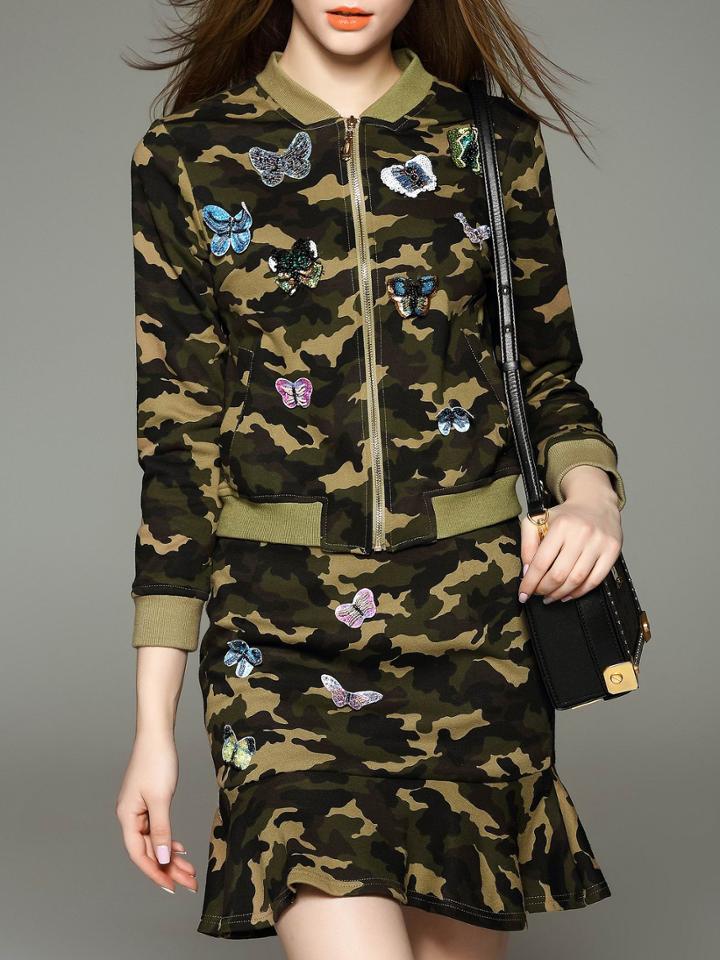 Shein Camo Bow Pockets Top With Ruffle Skirt