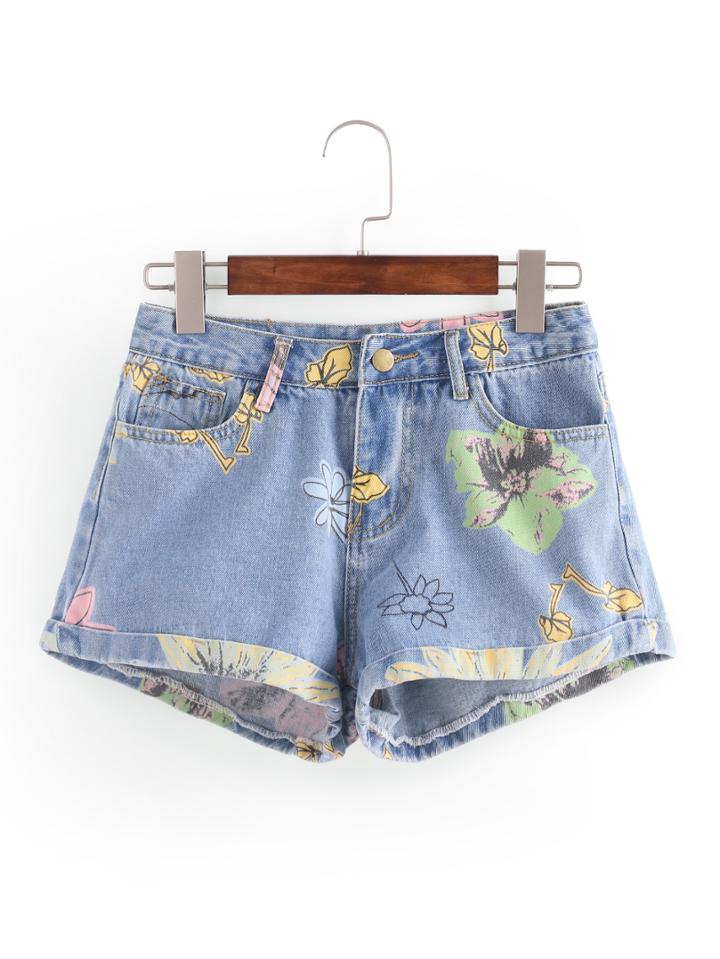 Shein Rolled Hem Flower Print Denim Shorts