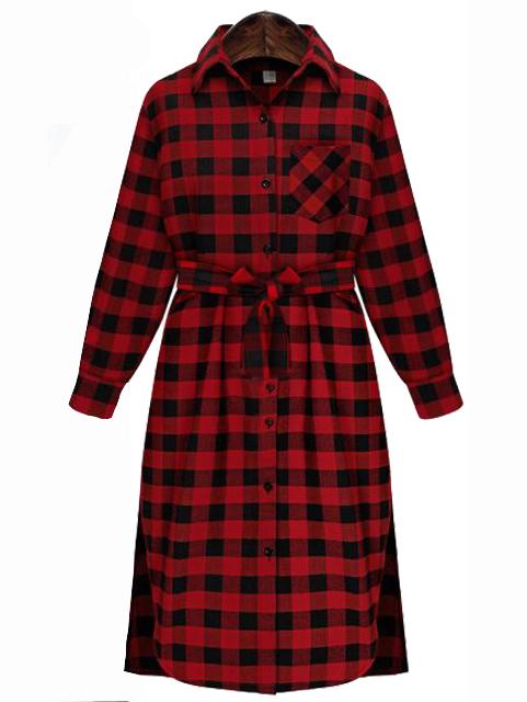 Shein Red Lapel Plaid Windowpane Slit Belt Blouse