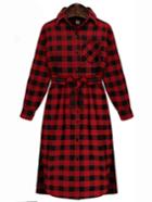 Shein Red Lapel Plaid Windowpane Slit Belt Blouse