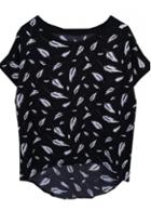 Rosewe Batwing Sleeve Feather Print Black Chiffon Shirt
