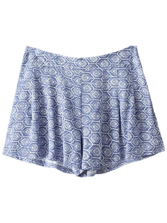 Shein Blue Flower Print Zipper Side Pleated Shorts