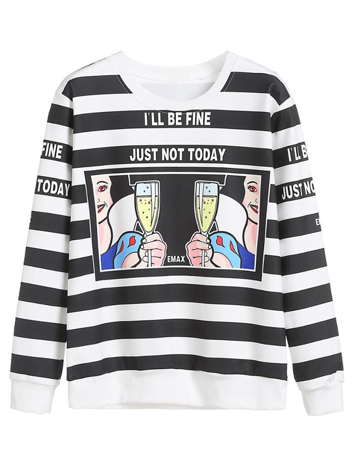 Shein Black White Stripe Girls Print Sweatshirt