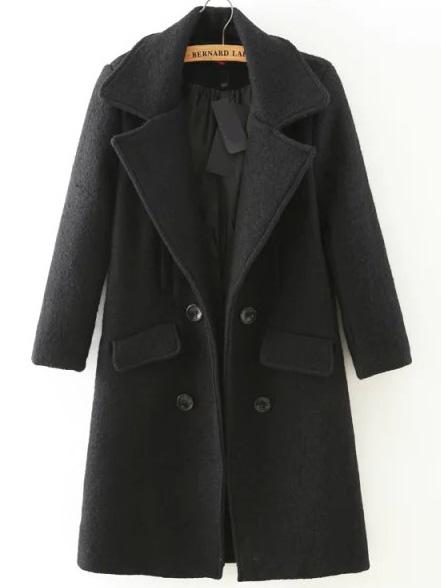 Shein Black Lapel Double Breasted Woolen Coat