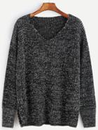 Shein Black Marled Knit V Neck Drop Shoulder Sweater