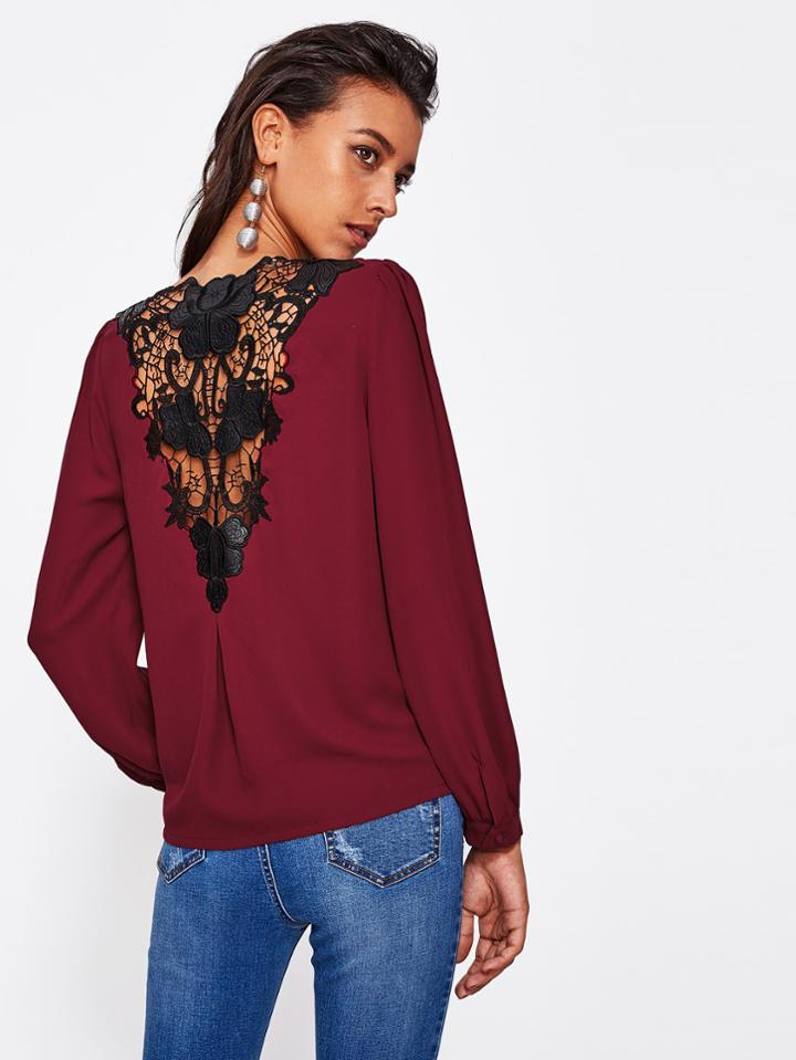Shein Contrast Floral Lace V Back Surplice Blouse