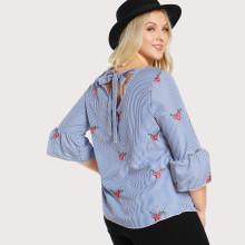 Shein Plus Tie Back Floral Embroidered Striped Top