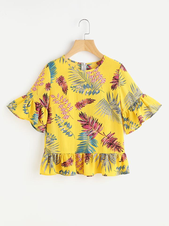 Shein Allover Leaves Print Frill Trim Blouse