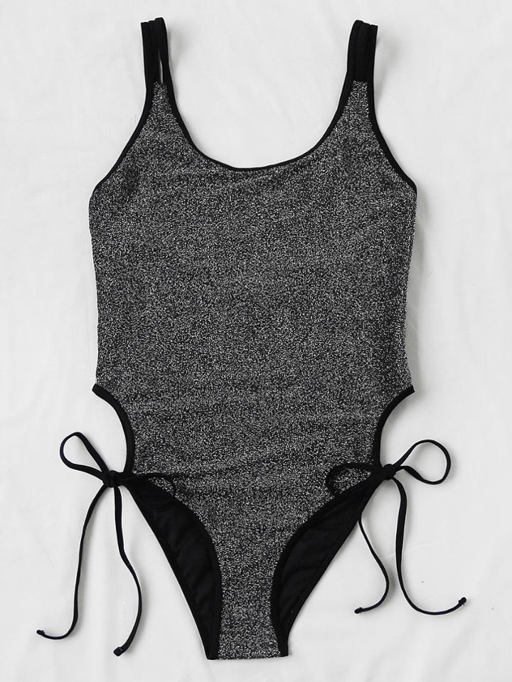 Shein Glitter Tie Detail Contrast Trim Swimsuit