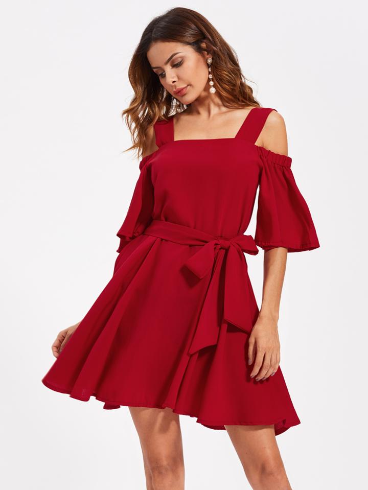 Shein Open Shoulder Self Tie Swing Dress
