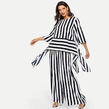 Shein Striped Print Split Asymmetrical Top And Palazzo Pants Set