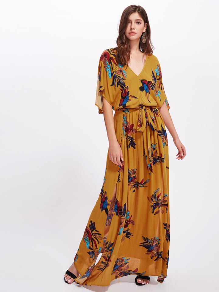 Shein Split Sleeve Self Belted Botanical Dress