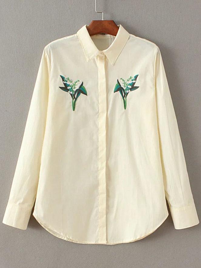 Shein Beige Flower Embroidery Hidden Button Blouse