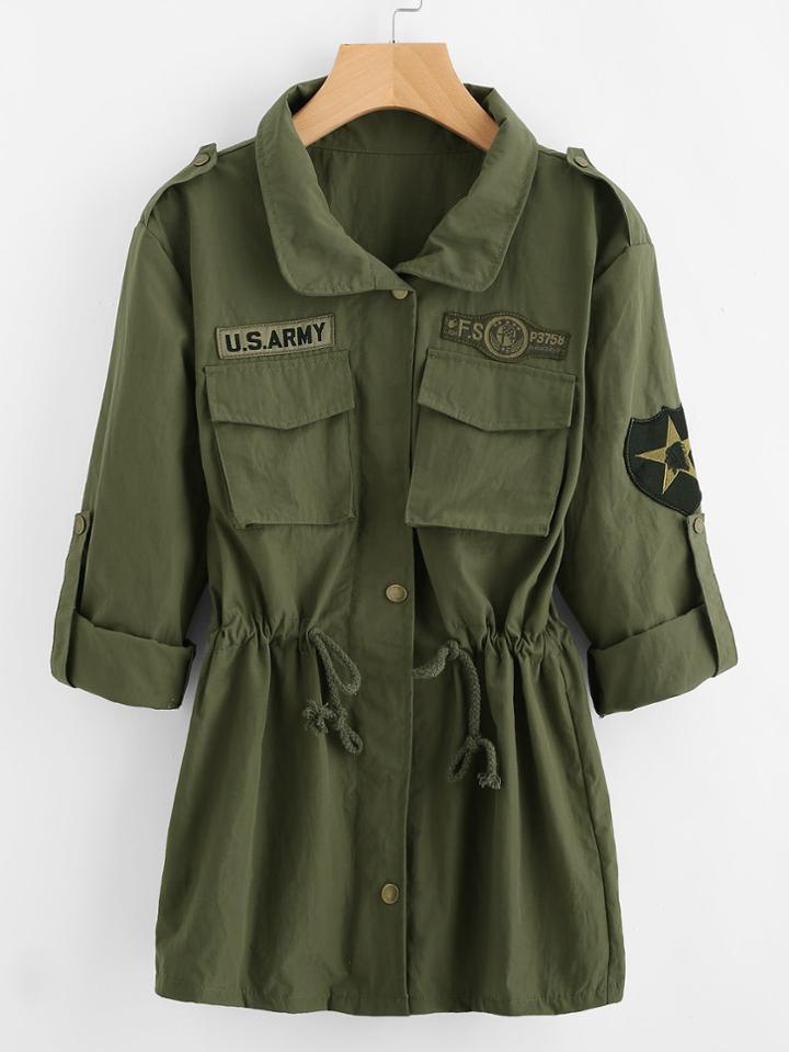 Shein Drawstring Waist Patch Sleeve Utility Jacket