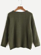 Shein Army Green Drop Shoulder Slit Side Cable Knit Sweater