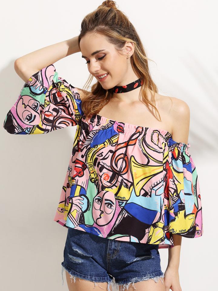 Shein Pink Painting Print Off The Shoulder Blouse