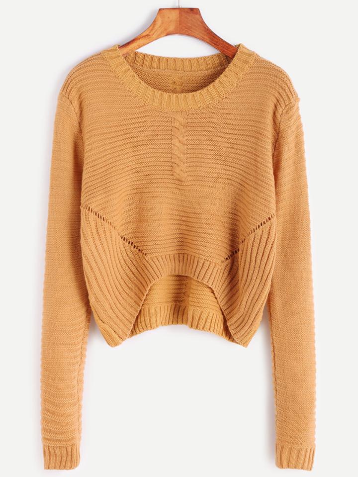 Shein Khaki Eyelet Dip Hem Cable Knit Sweater