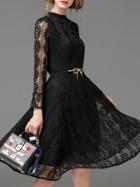 Shein Black Crew Neck Belted Lace Dress