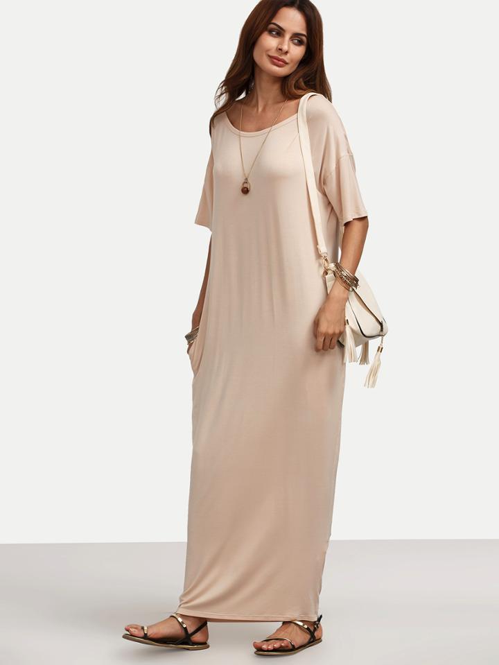 Shein Apricot Pocket Dropped Shoulder Seam Maxi Dress