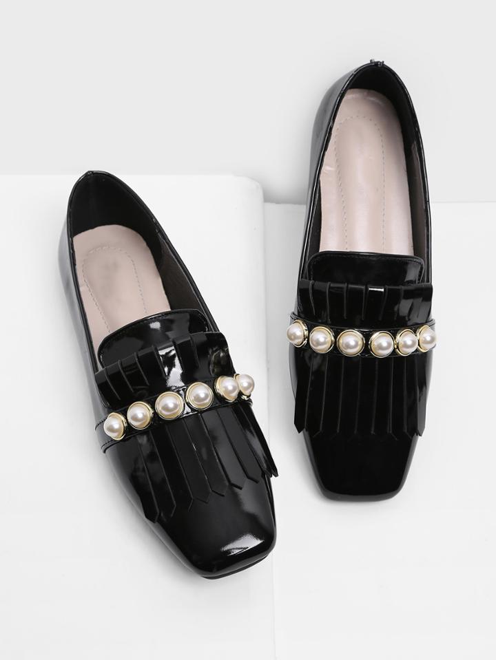 Shein Faux Pearl & Fringe Detail Square Toe Flats