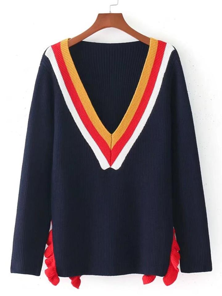 Shein Color Block V Neckline Ruffle Detail Sweater