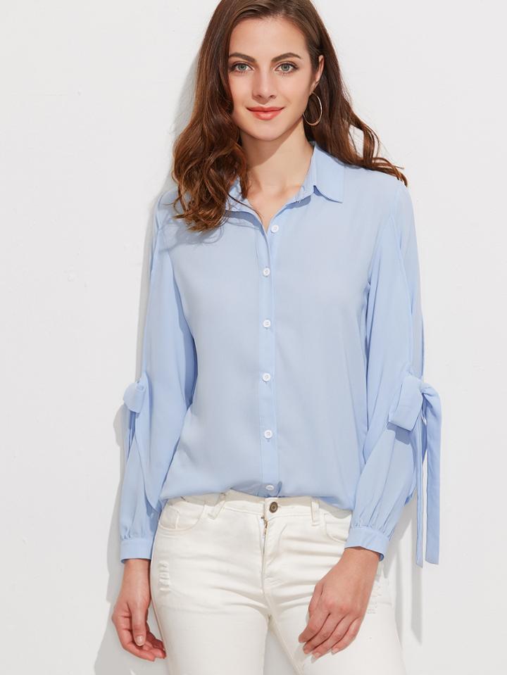 Shein Blue Bow Tie Sleeve Button Up Blouse