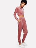 Shein Elastic Hem Velvet Crop Zip Top & Pants